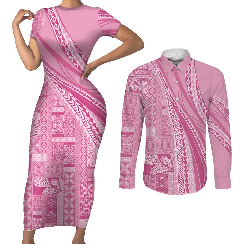 Pasifika Women's Day - Samoa Siapo Malu Tattoo Inspired Couples Matching Short Sleeve Bodycon Dress and Long Sleeve Button Shirt Pink