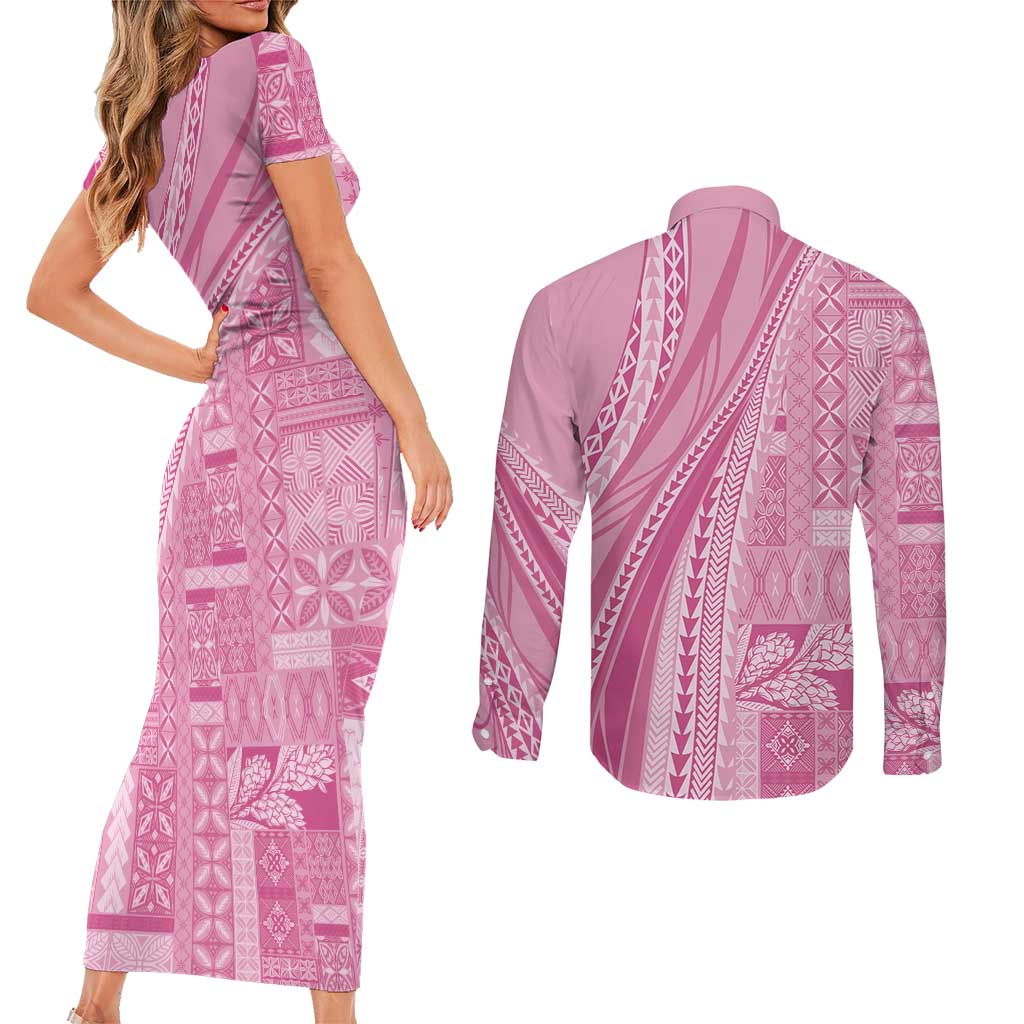 Pasifika Women's Day - Samoa Siapo Malu Tattoo Inspired Couples Matching Short Sleeve Bodycon Dress and Long Sleeve Button Shirt Pink
