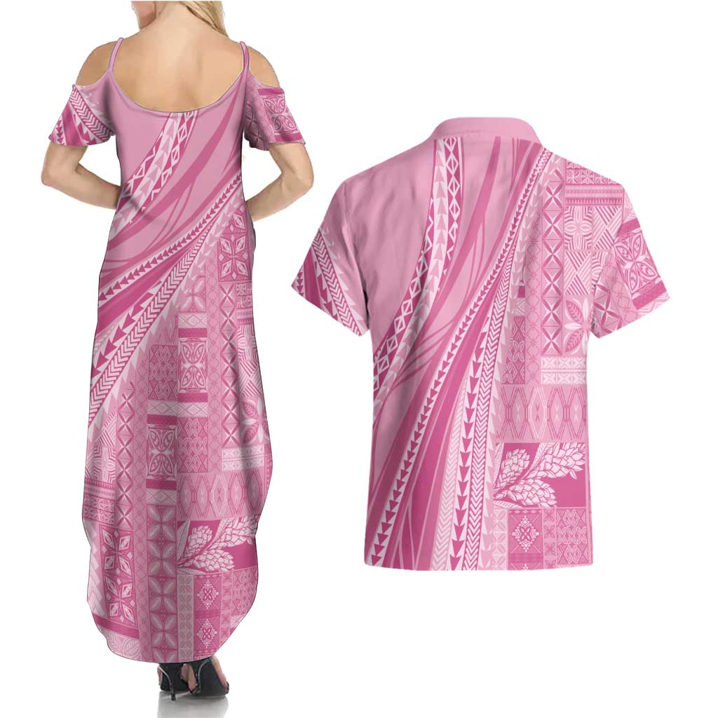 Pasifika Women's Day - Samoa Siapo Malu Tattoo Inspired Couples Matching Summer Maxi Dress and Hawaiian Shirt Pink