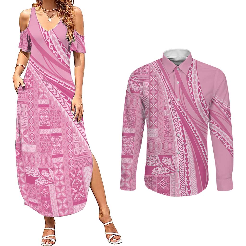 Pasifika Women's Day - Samoa Siapo Malu Tattoo Inspired Couples Matching Summer Maxi Dress and Long Sleeve Button Shirt Pink