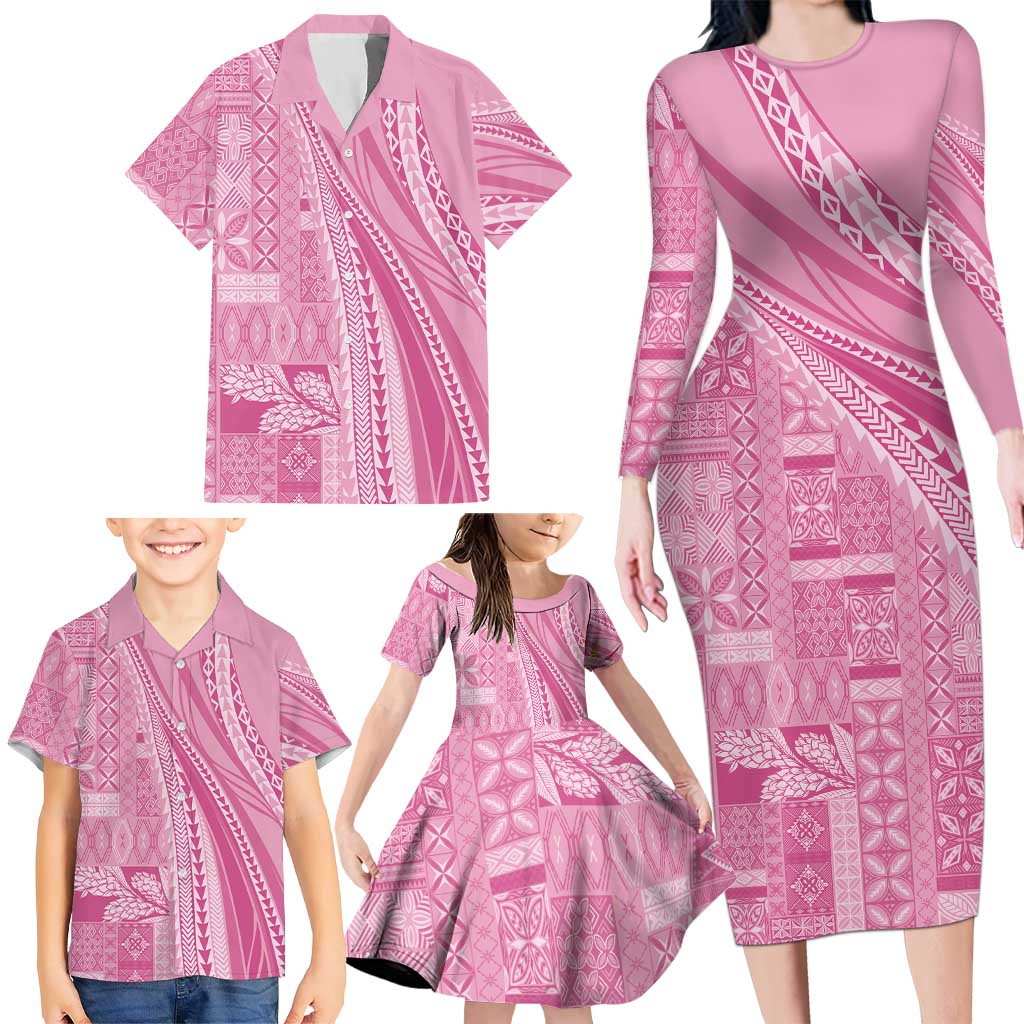 Pasifika Women's Day - Samoa Siapo Malu Tattoo Inspired Family Matching Long Sleeve Bodycon Dress and Hawaiian Shirt Pink LT7 - Polynesian Pride