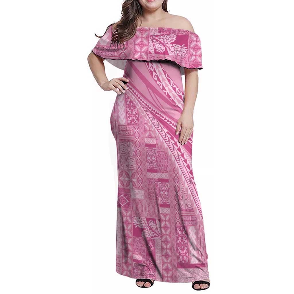 Pasifika Women's Day - Samoa Siapo Malu Tattoo Inspired Family Matching Off Shoulder Maxi Dress and Hawaiian Shirt Pink LT7 Mom's Dress Pink - Polynesian Pride