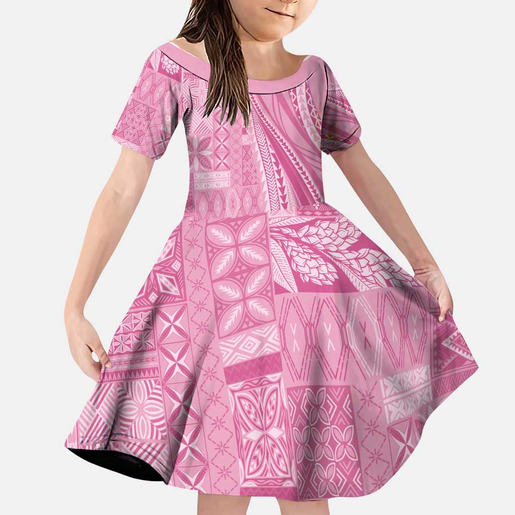 Pasifika Women's Day - Samoa Siapo Malu Tattoo Inspired Family Matching Off Shoulder Short Dress and Hawaiian Shirt Pink LT7 Daughter's Dress Pink - Polynesian Pride