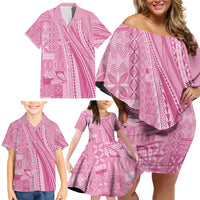 Pasifika Women's Day - Samoa Siapo Malu Tattoo Inspired Family Matching Off Shoulder Short Dress and Hawaiian Shirt Pink LT7 - Polynesian Pride