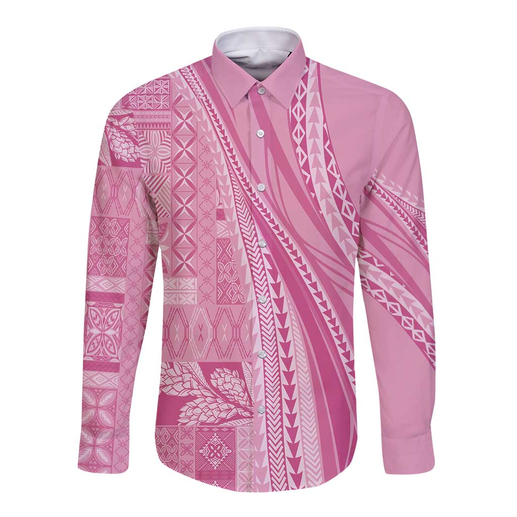 Pasifika Women's Day - Samoa Siapo Malu Tattoo Inspired Long Sleeve Button Shirt Pink