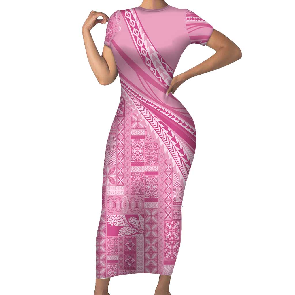 Pasifika Women's Day - Samoa Siapo Malu Tattoo Inspired Short Sleeve Bodycon Dress Pink