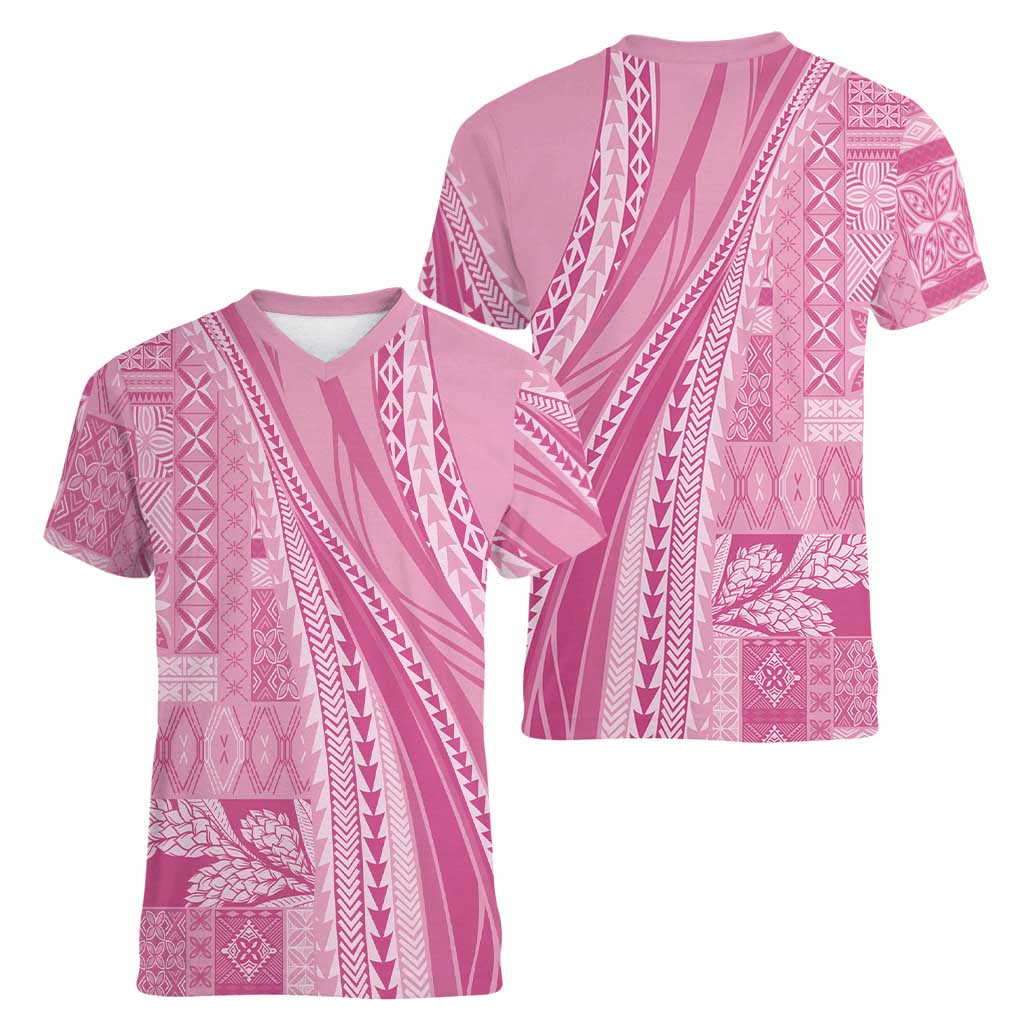Pasifika Women's Day - Samoa Siapo Malu Tattoo Inspired Women V-Neck T-Shirt Pink