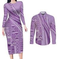 Pasifika Women's Day - Samoa Siapo Malu Tattoo Inspired Couples Matching Long Sleeve Bodycon Dress and Long Sleeve Button Shirt Lavender
