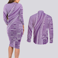 Pasifika Women's Day - Samoa Siapo Malu Tattoo Inspired Couples Matching Long Sleeve Bodycon Dress and Long Sleeve Button Shirt Lavender