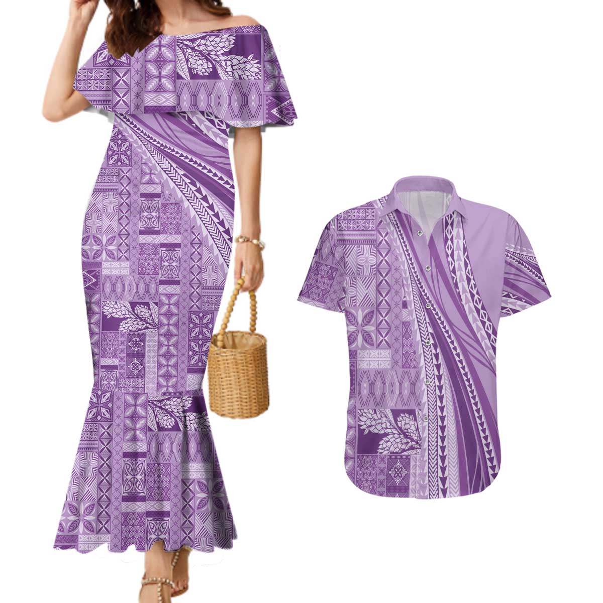 Pasifika Women's Day - Samoa Siapo Malu Tattoo Inspired Couples Matching Mermaid Dress and Hawaiian Shirt Lavender