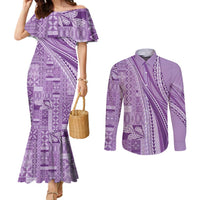 Pasifika Women's Day - Samoa Siapo Malu Tattoo Inspired Couples Matching Mermaid Dress and Long Sleeve Button Shirt Lavender