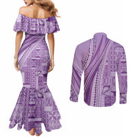 Pasifika Women's Day - Samoa Siapo Malu Tattoo Inspired Couples Matching Mermaid Dress and Long Sleeve Button Shirt Lavender