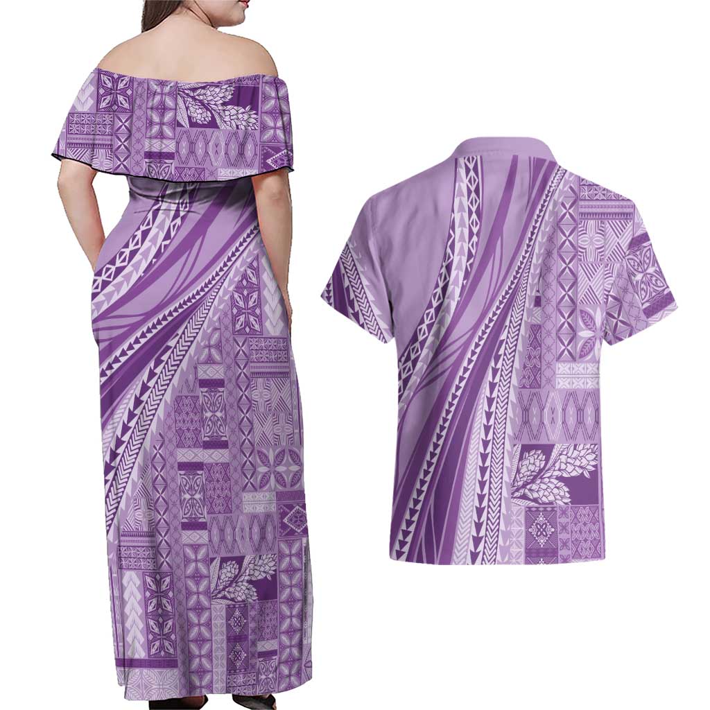 Pasifika Women's Day - Samoa Siapo Malu Tattoo Inspired Couples Matching Off Shoulder Maxi Dress and Hawaiian Shirt Lavender