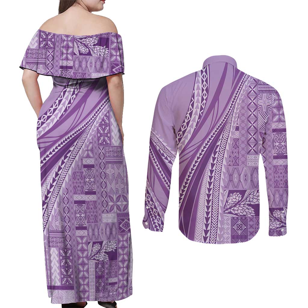Pasifika Women's Day - Samoa Siapo Malu Tattoo Inspired Couples Matching Off Shoulder Maxi Dress and Long Sleeve Button Shirt Lavender