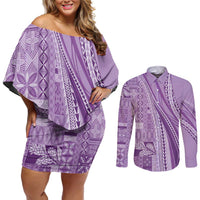 Pasifika Women's Day - Samoa Siapo Malu Tattoo Inspired Couples Matching Off Shoulder Short Dress and Long Sleeve Button Shirt Lavender