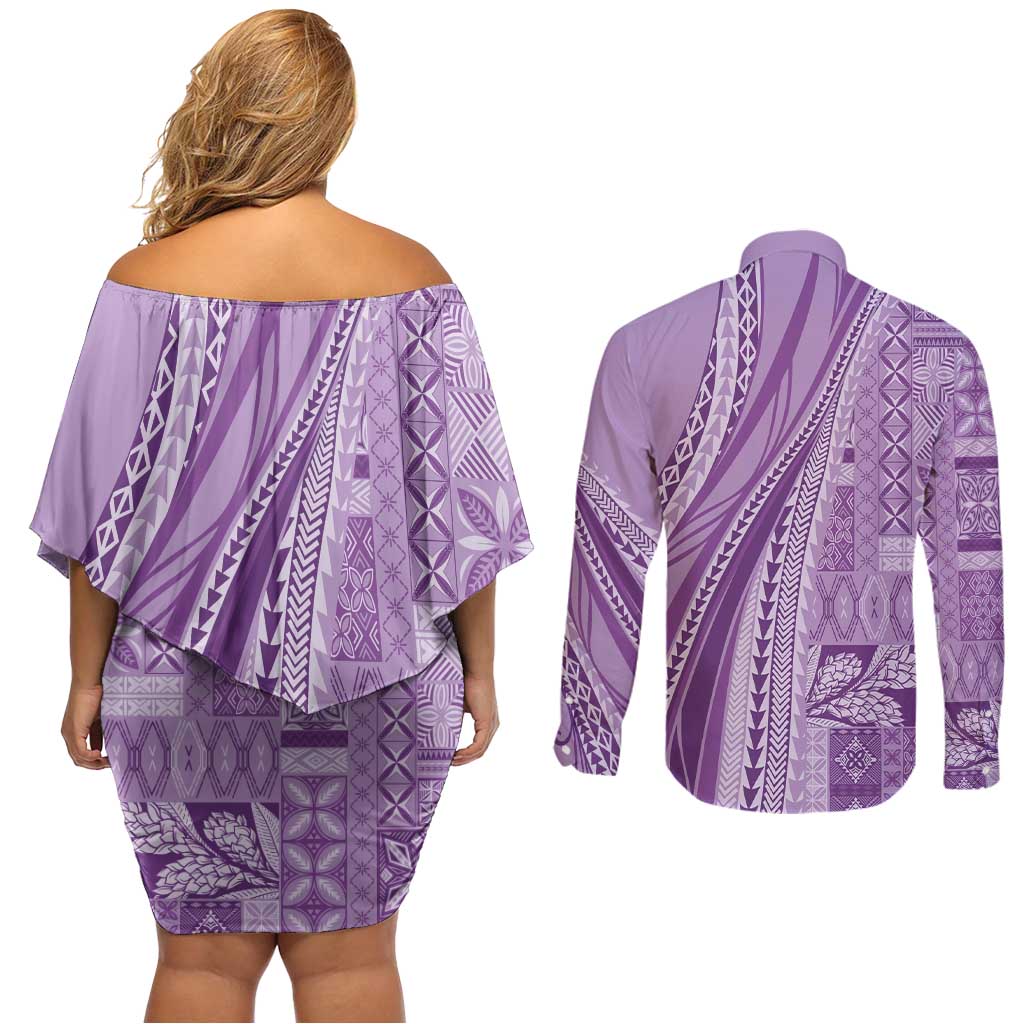 Pasifika Women's Day - Samoa Siapo Malu Tattoo Inspired Couples Matching Off Shoulder Short Dress and Long Sleeve Button Shirt Lavender