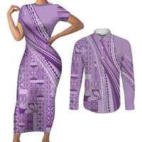 Pasifika Women's Day - Samoa Siapo Malu Tattoo Inspired Couples Matching Short Sleeve Bodycon Dress and Long Sleeve Button Shirt Lavender