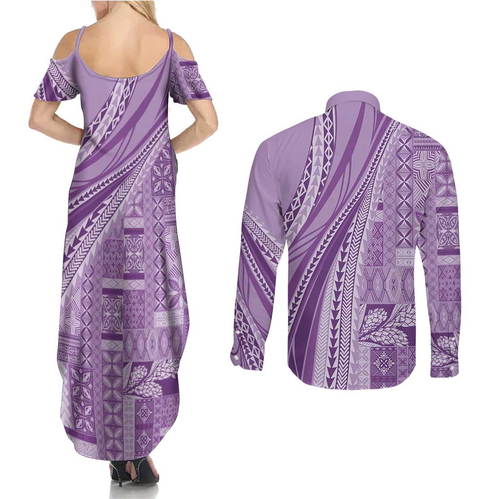 Pasifika Women's Day - Samoa Siapo Malu Tattoo Inspired Couples Matching Summer Maxi Dress and Long Sleeve Button Shirt Lavender