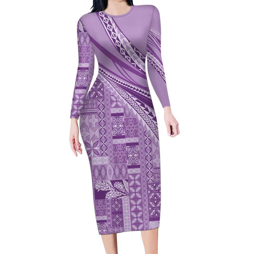 Pasifika Women's Day - Samoa Siapo Malu Tattoo Inspired Family Matching Long Sleeve Bodycon Dress and Hawaiian Shirt Lavender LT7 Mom's Dress Lavender - Polynesian Pride