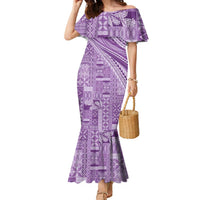 Pasifika Women's Day - Samoa Siapo Malu Tattoo Inspired Family Matching Mermaid Dress and Hawaiian Shirt Lavender LT7 Mom's Dress Lavender - Polynesian Pride