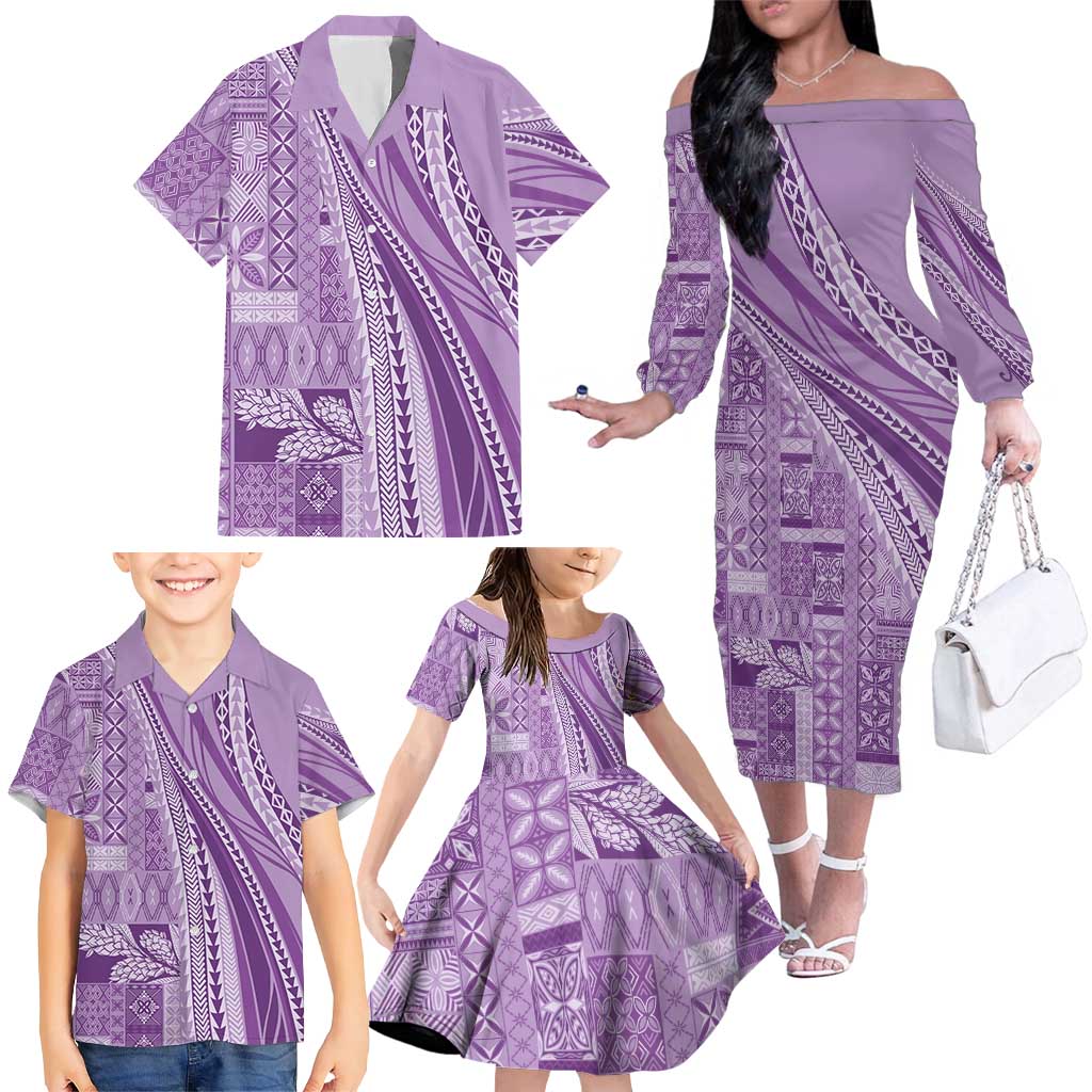 Pasifika Women's Day - Samoa Siapo Malu Tattoo Inspired Family Matching Off The Shoulder Long Sleeve Dress and Hawaiian Shirt Lavender LT7 - Polynesian Pride