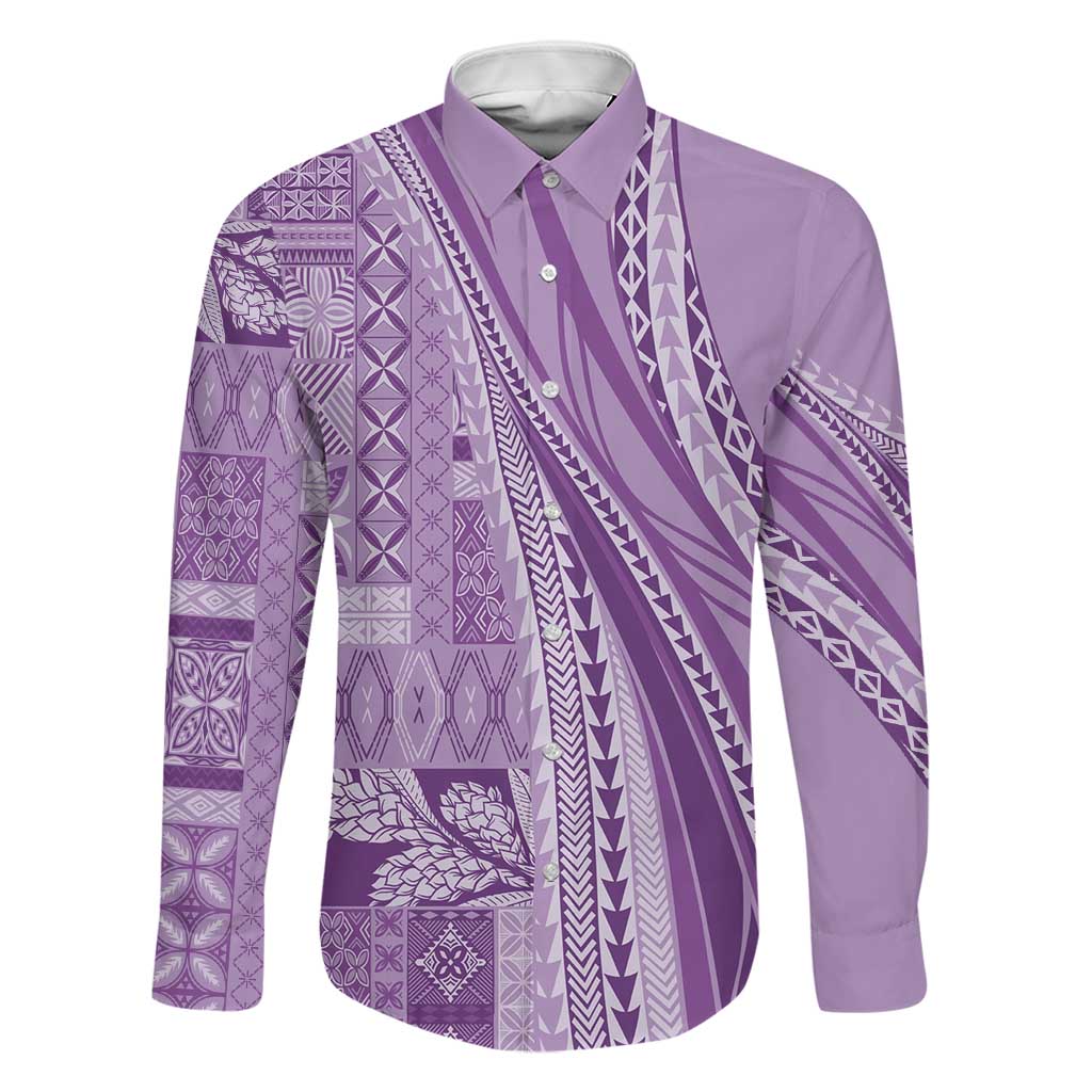 Pasifika Women's Day - Samoa Siapo Malu Tattoo Inspired Family Matching Off The Shoulder Long Sleeve Dress and Hawaiian Shirt Lavender LT7 Dad's Shirt - Long Sleeve Lavender - Polynesian Pride