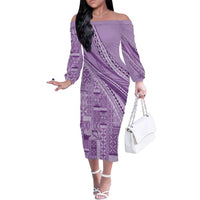 Pasifika Women's Day - Samoa Siapo Malu Tattoo Inspired Family Matching Off The Shoulder Long Sleeve Dress and Hawaiian Shirt Lavender LT7 Mom's Dress Lavender - Polynesian Pride