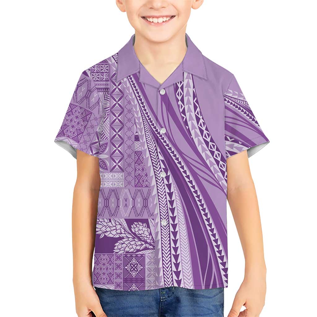 Pasifika Women's Day - Samoa Siapo Malu Tattoo Inspired Family Matching Off The Shoulder Long Sleeve Dress and Hawaiian Shirt Lavender LT7 Son's Shirt Lavender - Polynesian Pride