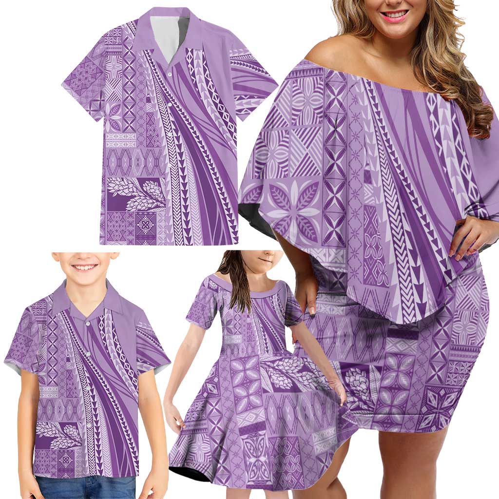 Pasifika Women's Day - Samoa Siapo Malu Tattoo Inspired Family Matching Off Shoulder Short Dress and Hawaiian Shirt Lavender LT7 - Polynesian Pride