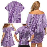 Pasifika Women's Day - Samoa Siapo Malu Tattoo Inspired Family Matching Off Shoulder Short Dress and Hawaiian Shirt Lavender LT7 - Polynesian Pride