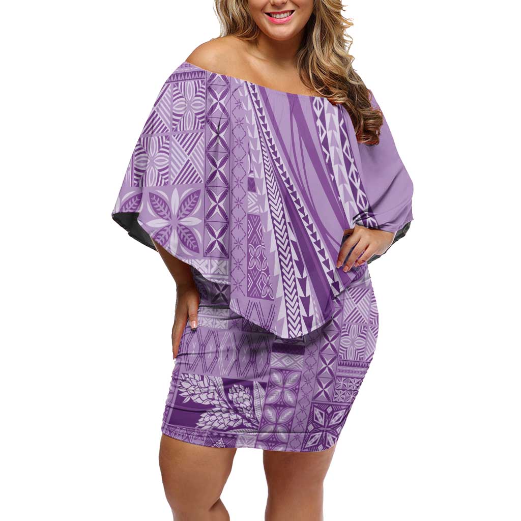 Pasifika Women's Day - Samoa Siapo Malu Tattoo Inspired Family Matching Off Shoulder Short Dress and Hawaiian Shirt Lavender LT7 Mom's Dress Lavender - Polynesian Pride