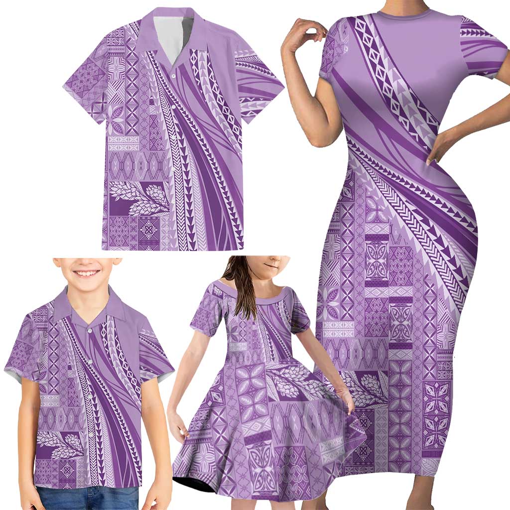 Pasifika Women's Day - Samoa Siapo Malu Tattoo Inspired Family Matching Short Sleeve Bodycon Dress and Hawaiian Shirt Lavender LT7 - Polynesian Pride