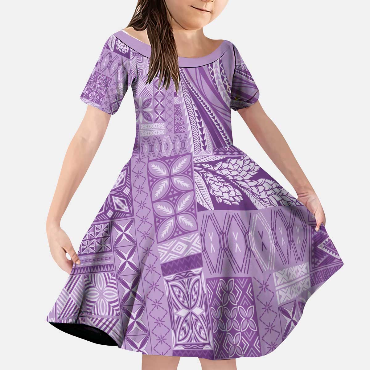 Pasifika Women's Day - Samoa Siapo Malu Tattoo Inspired Kid Short Sleeve Dress Lavender