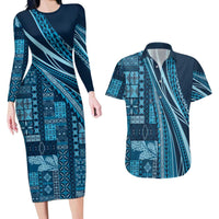 Pasifika Women's Day - Samoa Siapo Malu Tattoo Inspired Couples Matching Long Sleeve Bodycon Dress and Hawaiian Shirt Navy Blue
