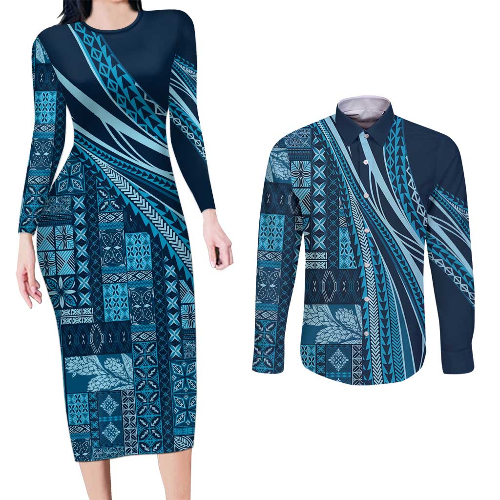 Pasifika Women's Day - Samoa Siapo Malu Tattoo Inspired Couples Matching Long Sleeve Bodycon Dress and Long Sleeve Button Shirt Navy Blue