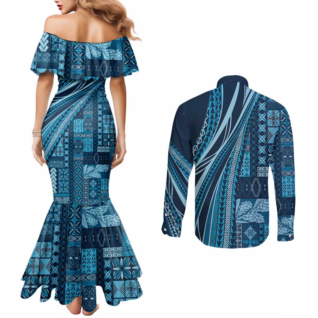 Pasifika Women's Day - Samoa Siapo Malu Tattoo Inspired Couples Matching Mermaid Dress and Long Sleeve Button Shirt Navy Blue