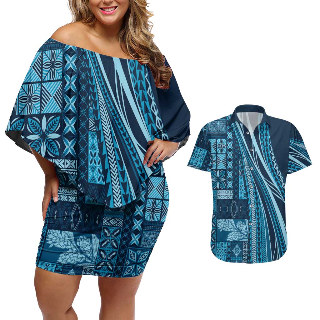 Pasifika Women's Day - Samoa Siapo Malu Tattoo Inspired Couples Matching Off Shoulder Short Dress and Hawaiian Shirt Navy Blue