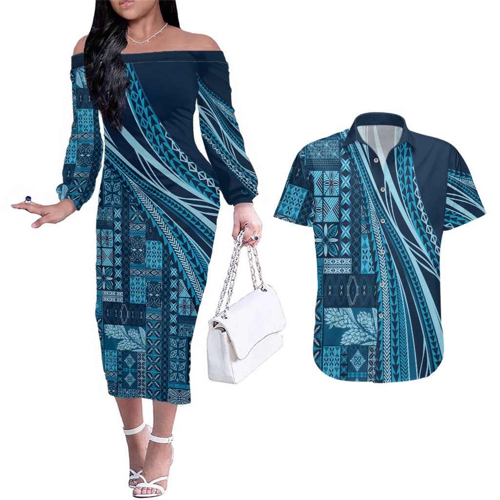 Pasifika Women's Day - Samoa Siapo Malu Tattoo Inspired Couples Matching Off The Shoulder Long Sleeve Dress and Hawaiian Shirt Navy Blue