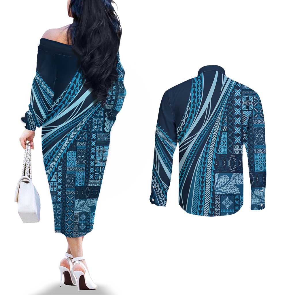 Pasifika Women's Day - Samoa Siapo Malu Tattoo Inspired Couples Matching Off The Shoulder Long Sleeve Dress and Long Sleeve Button Shirt Navy Blue