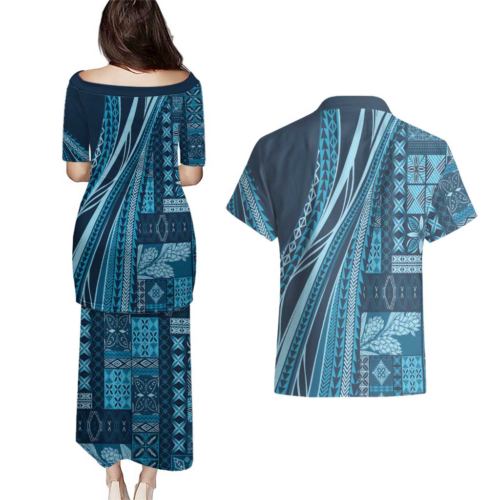 Pasifika Women's Day - Samoa Siapo Malu Tattoo Inspired Couples Matching Puletasi and Hawaiian Shirt Navy Blue