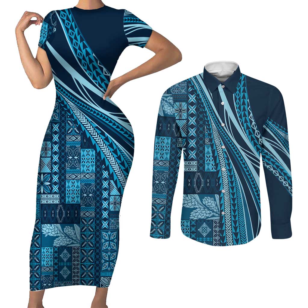 Pasifika Women's Day - Samoa Siapo Malu Tattoo Inspired Couples Matching Short Sleeve Bodycon Dress and Long Sleeve Button Shirt Navy Blue