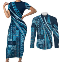 Pasifika Women's Day - Samoa Siapo Malu Tattoo Inspired Couples Matching Short Sleeve Bodycon Dress and Long Sleeve Button Shirt Navy Blue