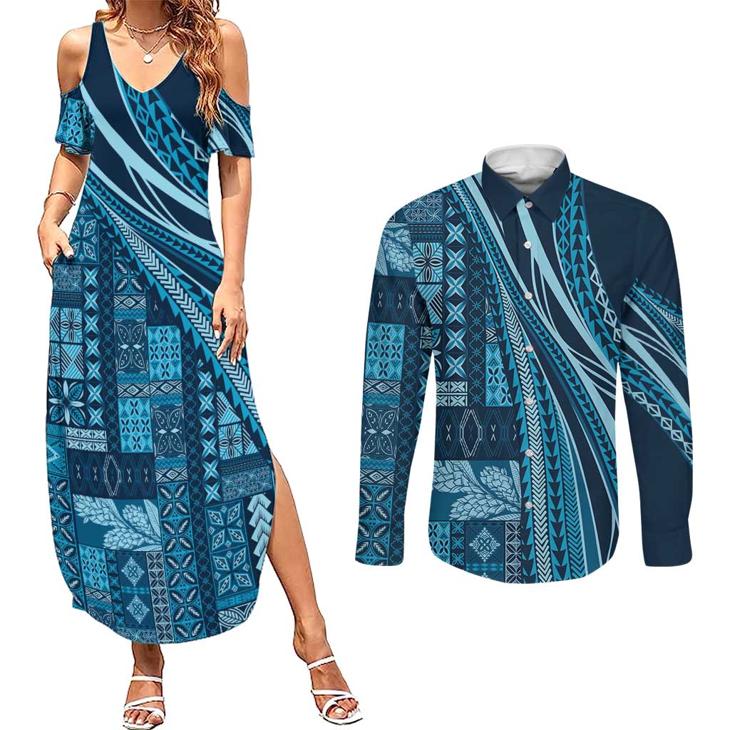 Pasifika Women's Day - Samoa Siapo Malu Tattoo Inspired Couples Matching Summer Maxi Dress and Long Sleeve Button Shirt Navy Blue