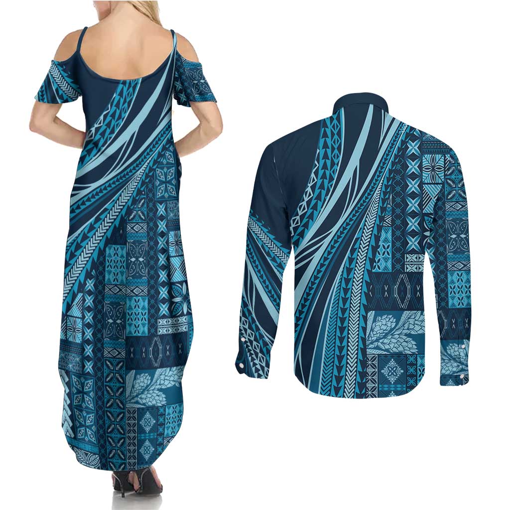 Pasifika Women's Day - Samoa Siapo Malu Tattoo Inspired Couples Matching Summer Maxi Dress and Long Sleeve Button Shirt Navy Blue