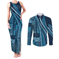 Pasifika Women's Day - Samoa Siapo Malu Tattoo Inspired Couples Matching Tank Maxi Dress and Long Sleeve Button Shirt Navy Blue