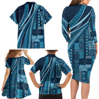 Pasifika Women's Day - Samoa Siapo Malu Tattoo Inspired Family Matching Long Sleeve Bodycon Dress and Hawaiian Shirt Navy Blue LT7 - Polynesian Pride