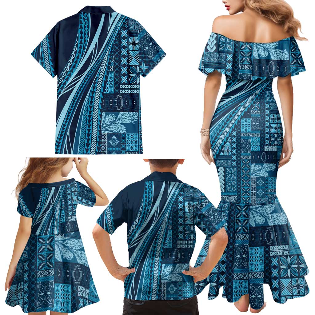 Pasifika Women's Day - Samoa Siapo Malu Tattoo Inspired Family Matching Mermaid Dress and Hawaiian Shirt Navy Blue LT7 - Polynesian Pride
