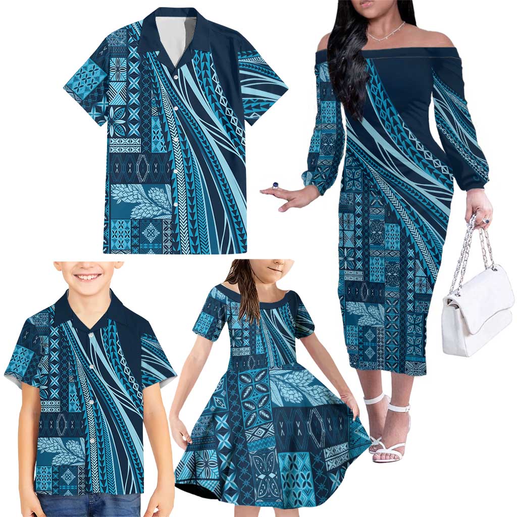 Pasifika Women's Day - Samoa Siapo Malu Tattoo Inspired Family Matching Off The Shoulder Long Sleeve Dress and Hawaiian Shirt Navy Blue