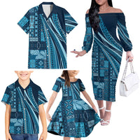 Pasifika Women's Day - Samoa Siapo Malu Tattoo Inspired Family Matching Off The Shoulder Long Sleeve Dress and Hawaiian Shirt Navy Blue LT7 - Polynesian Pride