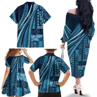 Pasifika Women's Day - Samoa Siapo Malu Tattoo Inspired Family Matching Off The Shoulder Long Sleeve Dress and Hawaiian Shirt Navy Blue LT7 - Polynesian Pride